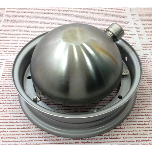 Depósito de gasolina adicional de acero inoxidable de 1,5 litros para colocar en la rueda de repuesto de 10" del escudo, adaptable a todas las VESPA.