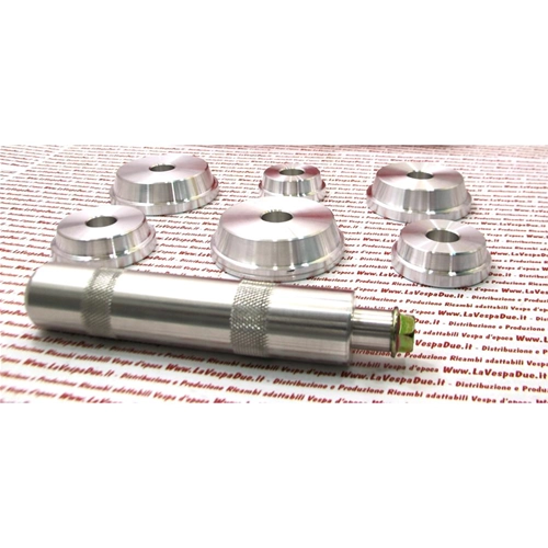Attrezzo montaggio guida cuscinetti e paraoli per VESPA APE LAMBRETTA 50 80 90 125 150 160 180 200 set con 6 boccole in alluminio da mm 40 45 50 60 63 65