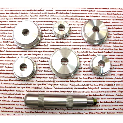 Attrezzo montaggio guida cuscinetti e paraoli per VESPA APE LAMBRETTA 50 80 90 125 150 160 180 200 set con 6 boccole in alluminio da mm 40 45 50 60 63 65