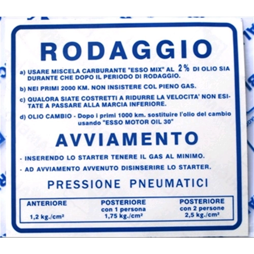 Autocollant bleu « Règles » pour Vespa 180 Rally VSD 2 % Original