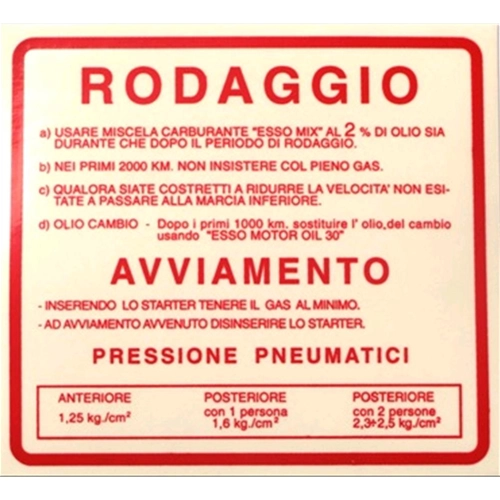 Adesivo Norme Rodaggio Rosso 2% 1,25 KG per VESPA 50 90 V5SS 90 V9SS - 120 X 109 mm.