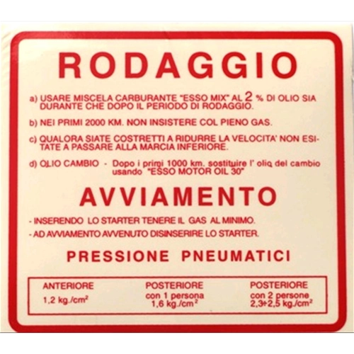 Roter Einfahrstandards-Aufkleber 2% 1,2 KG für VESPA 50 90 V5SS 90 V9SS - 120 x 109 mm.