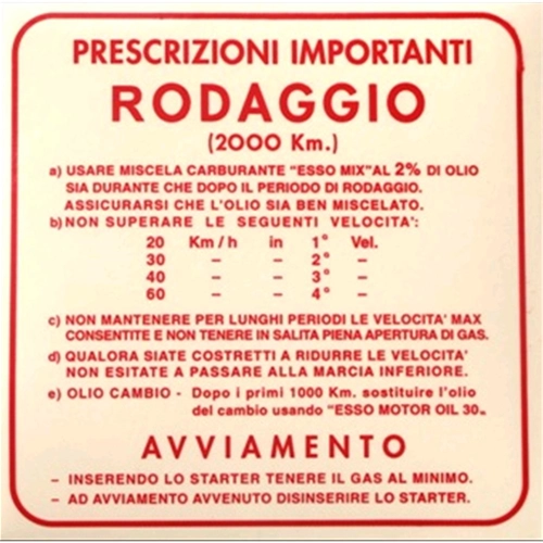 Red Running-in Regulations Sticker for VESPA 125 VNB 150 VBB 4 Gears at 2% - 139 X 139 mm.