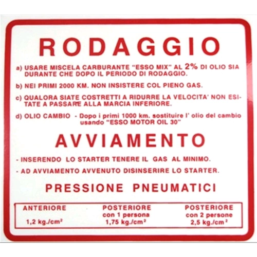 Autocollant rouge de réglementation de rodage pour VESPA 180 RALLY VSD 2% - 127 X 115 mm.