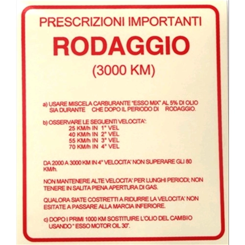 Autocollant rouge de réglementation de rodage pour VESPA GS 160 SS 180 5% Mélange - 120 X 140 mm.