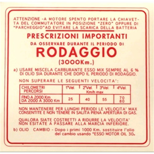 Pegatina roja de rodaje para VESPA 150 GS 4 marchas, mezcla 6% - 135 x 130 mm.