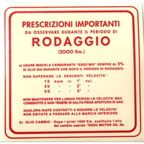 Roter Einfahrvorschriften-Aufkleber für VESPA 3-Gang 5% Gemisch - 147 x 144 mm.