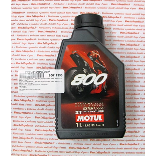 Aceite mixto MOTUL 800 FL ROAD RACING para motores de muy alto rendimiento, 100% sintético, para VESPA 2T. ESTER CARE.