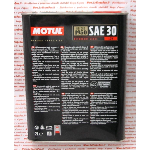 MOTUL CLASSIC SAE 30 Motor- und Getriebeöl im 2-Liter-Eisenkanister. Passend für VESPA 50, 90, 125, 150, 160, 180, 200 Oldtimer und Motorräder ab Baujahr 1946. Einbereichsöl.