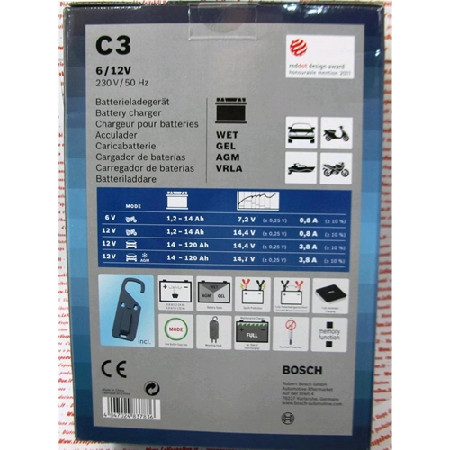 Cargador de baterías BOSCH C3 de 6V/12V para coches, motocicletas, barcos y autocaravanas VESPA.