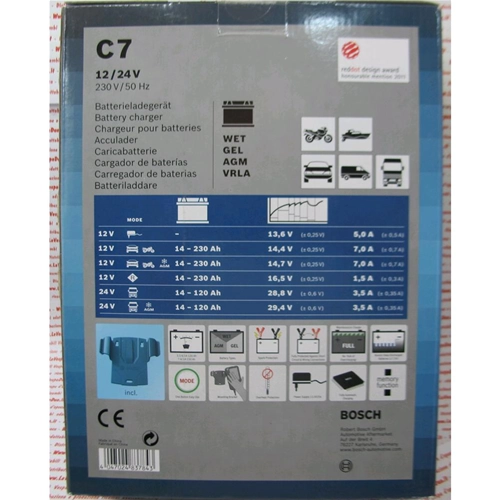 Cargador de baterías BOSCH C7 de 12V/24V para coches, motocicletas, barcos, autocaravanas y mantenedores de baterías.