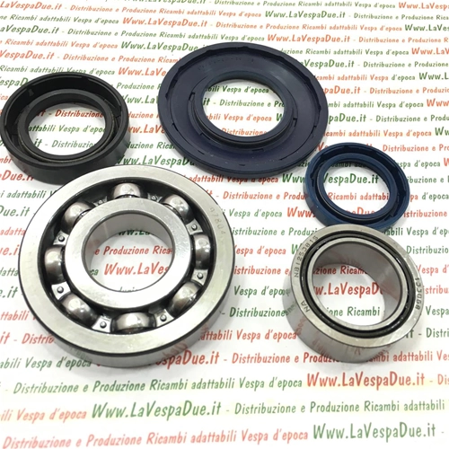 Kit de roulements et joints d'huile pour la révision du vilebrequin des Vespa PX80E, PX125E, PX150E, PX200E 2° / LUSSO 2° / PX 125, 150 et 200 (modèles 1998 à 2011) et Cosa 125 et 150.