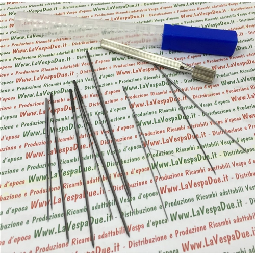 KIT DE 12 ESCARABAJOS CÓNICOS PENTAGONALES CON MANGO INTERCAMBIABLE PARA RECTIFICAR, LIMPIAR Y PERFORAR ORIFICIOS DE CICLO, CHORROS DE PULVERIZACIÓN Y CARBURADORES.