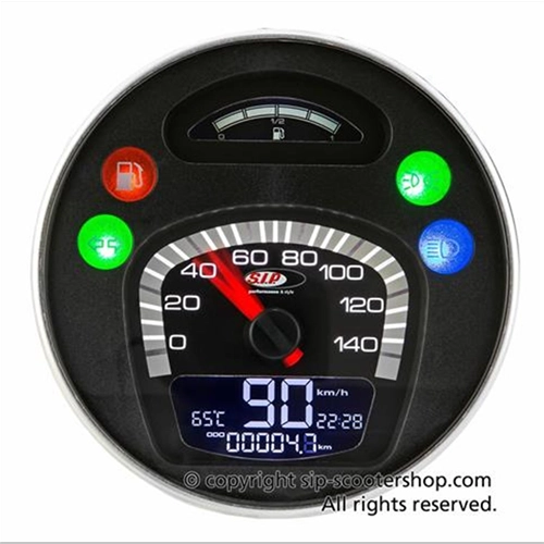 SIP 50000220 2.0 Tachometer/Drehzahlmesser für VESPA 80 125 150 200 PX E arcobaleno LUSSO 98 MY, auch anpassbar für GTV GT60, schwarzes Zifferblatt, weiße Ziffern, Edelstahlgehäuse, 24 Funktionen, digital/analog