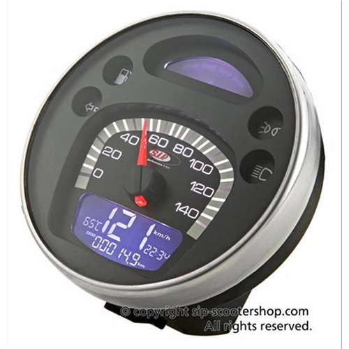 SIP 50000220 2.0 Tachometer/Drehzahlmesser für VESPA 80 125 150 200 PX E arcobaleno LUSSO 98 MY, auch anpassbar für GTV GT60, schwarzes Zifferblatt, weiße Ziffern, Edelstahlgehäuse, 24 Funktionen, digital/analog