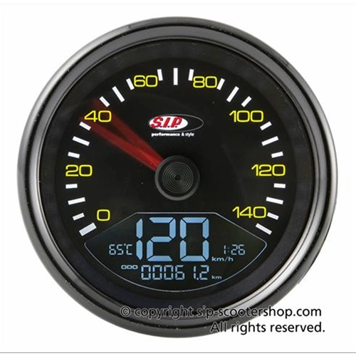 Compteur de vitesse SIP 50000520 2.0 pour VESPA 80 125 150 200 PX PE P150 SP 200 E, cadran noir, chiffres jaunes, cadre noir, 20 fonctions, affichage numérique/analogique