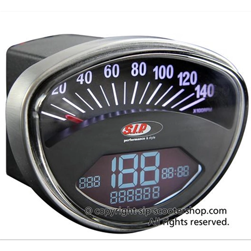 SIP 50000630 2.0 Velocímetro Tacómetro para VESPA 50 90 125 150 200 SS ET3 GTR TS SUPER SPRINT VELOCE RALLY Esfera negra Números blancos 20 funciones Digital Analógico