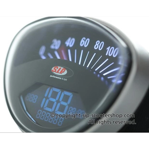 SIP 50000630 2.0 Velocímetro Tacómetro para VESPA 50 90 125 150 200 SS ET3 GTR TS SUPER SPRINT VELOCE RALLY Esfera negra Números blancos 20 funciones Digital Analógico