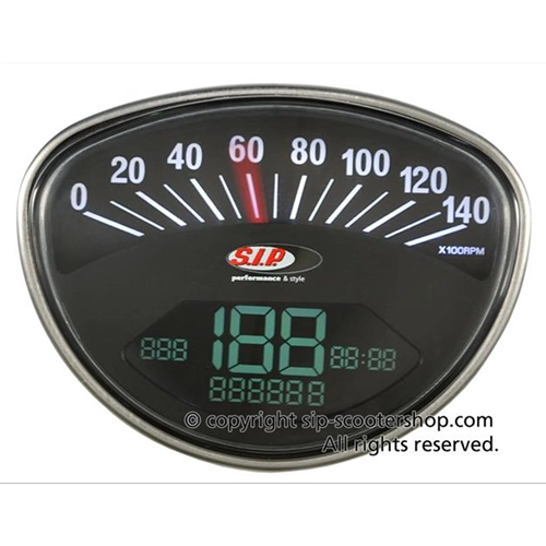 SIP 50000630 2.0 Velocímetro Tacómetro para VESPA 50 90 125 150 200 SS ET3 GTR TS SUPER SPRINT VELOCE RALLY Esfera negra Números blancos 20 funciones Digital Analógico