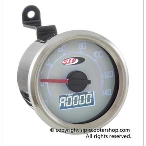 SIP 50001210 2.0 Tachometer/Drehzahlmesser für VESPA 50 90 NLRS, weißes Zifferblatt, schwarzes LCD-Display, 19 Funktionen, digital/analog