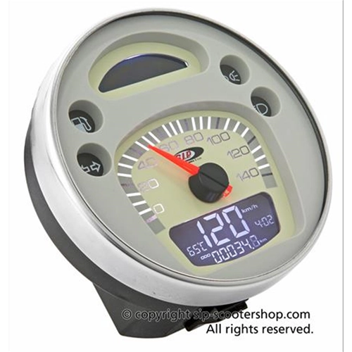 Compteur de vitesse/compte-tours SIP 50001420 2.0 pour Vespa 80, 125, 150, 200 PX, E, Arcobaleno, Lusso (année-modèle 1998), également adaptable pour GTV et GT60. Cadran beige, chiffres noirs, boîtier en acier inoxydable, 24 fonctions, affichage numérique