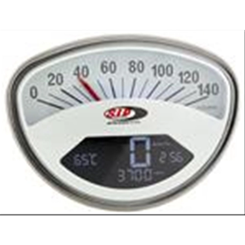 SIP 50001620 2.0 Speedometer Tachometer for VESPA 50 90 125 150 200 SS ET3 GTR TS SUPER SPRINT VELOCE RALLY white dial black numbers stainless steel frame 20 functions digital analog