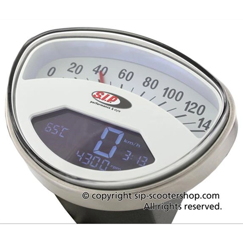 SIP 50001620 2.0 Speedometer Tachometer for VESPA 50 90 125 150 200 SS ET3 GTR TS SUPER SPRINT VELOCE RALLY white dial black numbers stainless steel frame 20 functions digital analog