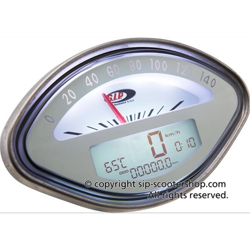 SIP 50000750 2.0 Tachometer und Drehzahlmesser für VESPA 125 150 160 180 GT VBA VBB GL GS SPRINT SS Fächerförmiges weißes Zifferblatt LCD 20 Funktionen Digital Analog
