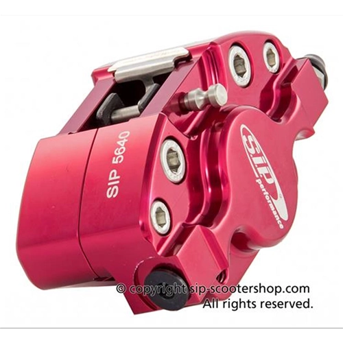 Pinza de freno delantera SIP GRIMECA anodizada en rojo, modelo clásico GRIMECA, para Vespa PX 125 150 200 (año 1998). Número de pieza: SIP 56404000.