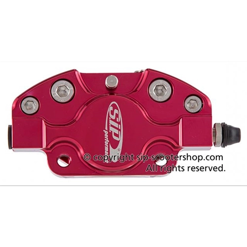 Pinza de freno delantera SIP GRIMECA anodizada en rojo, modelo clásico GRIMECA, para Vespa PX 125 150 200 (año 1998). Número de pieza: SIP 56404000.
