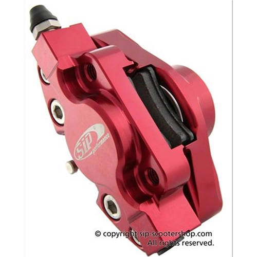 Pinza de freno delantera SIP GRIMECA anodizada en rojo, modelo clásico GRIMECA, para Vespa PX 125 150 200 (año 1998). Número de pieza: SIP 56404000.