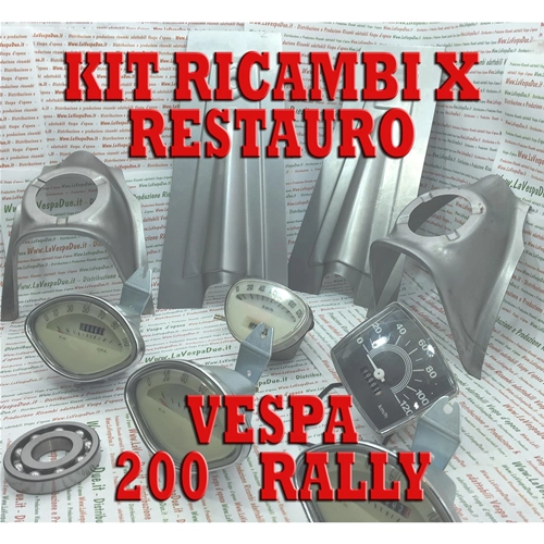 Kit de pièces détachées adaptable pour la restauration de Vespa 200 Rally, complet avec bordure chromée 60008410 + autocollants adhésifs blancs Rally