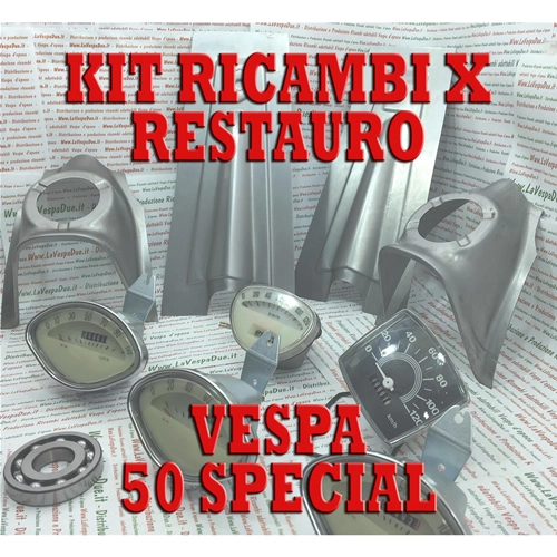 KIT DE REPUESTOS COMPLETO PARA LA RESTAURACIÓN DE UNA VESPA 50 SPECIAL DE 4 VELOCIDADES, CON SISTEMA ELÉCTRICO INCLUIDO.