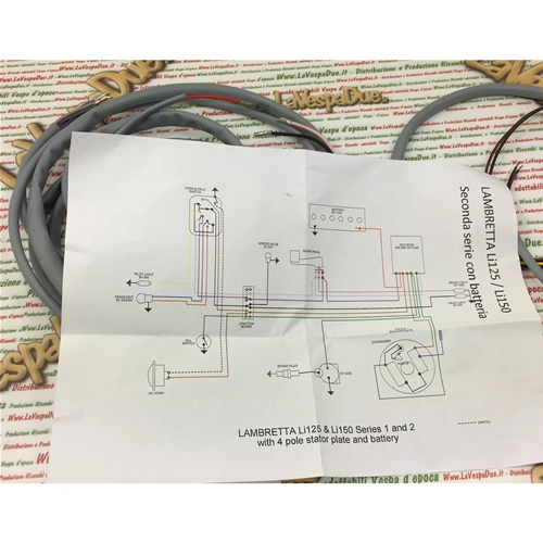 Elektrische Systemverkabelung für Lambretta J 125 und 150 Second Series mit Akku, italienisches Handwerksprodukt