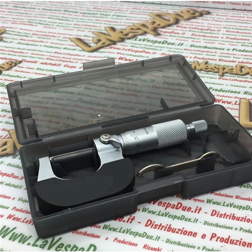 Micrómetro de acero inoxidable para comprobar espesores de 0 mm a 25 mm.