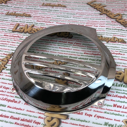 Cache-ventilateur en acier inoxydable poli pour Vespa 80, 125, 150, 200 PX et PE à partir de 1978 (sans démarreur électrique).