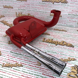 Pot d'échappement rouge type Abarth pour Vespa 80, 125, 150, PX, PE, Sprint, Veloce, TS, GTR et GT, avec double sortie chromée.