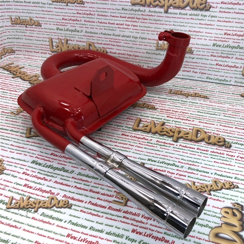 Pot d'échappement rouge type Abarth pour Vespa 80, 125, 150, PX, PE, Sprint, Veloce, TS, GTR et GT, avec double sortie chromée.