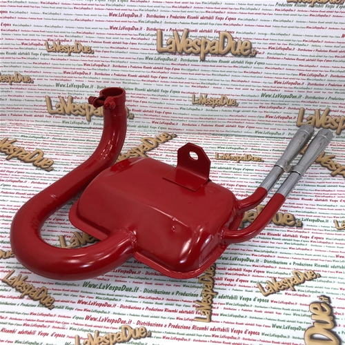 Pot d'échappement rouge type Abarth pour Vespa 80, 125, 150, PX, PE, Sprint, Veloce, TS, GTR et GT, avec double sortie chromée.