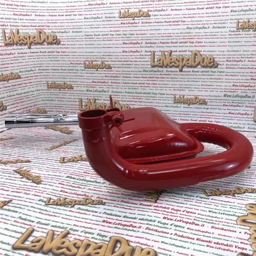 Pot d'échappement rouge type Abarth pour Vespa 80, 125, 150, PX, PE, Sprint, Veloce, TS, GTR et GT, avec double sortie chromée.