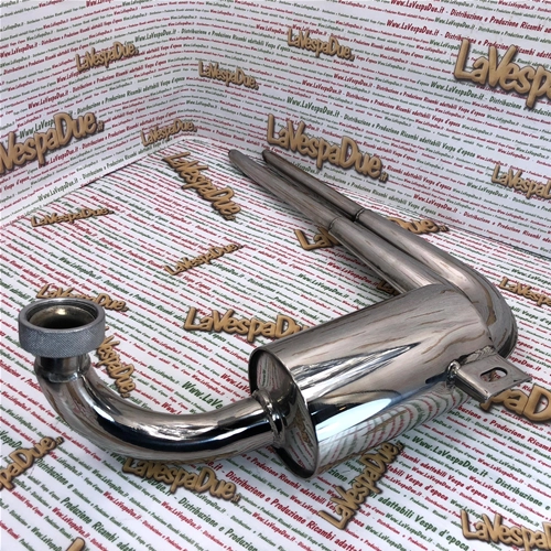 ABARTH stainless steel replica muffler for VESPA 150 GS, fixed with threaded ring nut to the cylinder