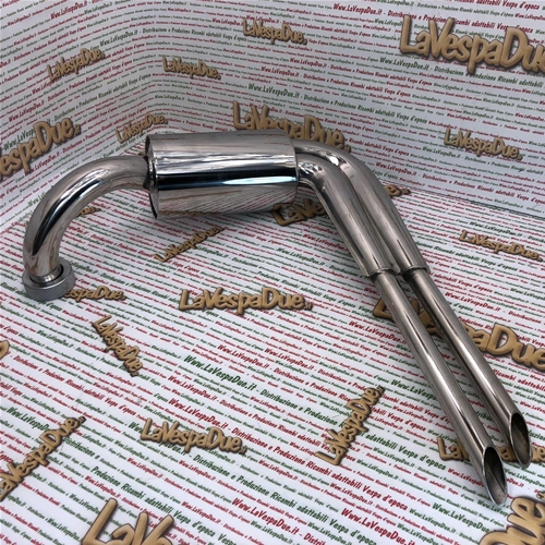 ABARTH stainless steel replica muffler for VESPA 150 GS, fixed with threaded ring nut to the cylinder
