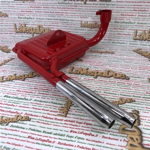 Pot d'échappement rouge Abarth avec IGM 0112S, produit italien pour Vespa 125/150 Super Sprint, roues de 8 pouces, double sortie chromée.