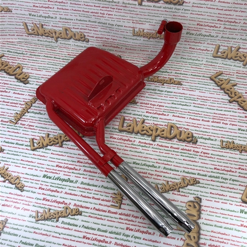 Pot d'échappement rouge Abarth avec IGM 0112S, produit italien pour Vespa 125/150 Super Sprint, roues de 8 pouces, double sortie chromée.
