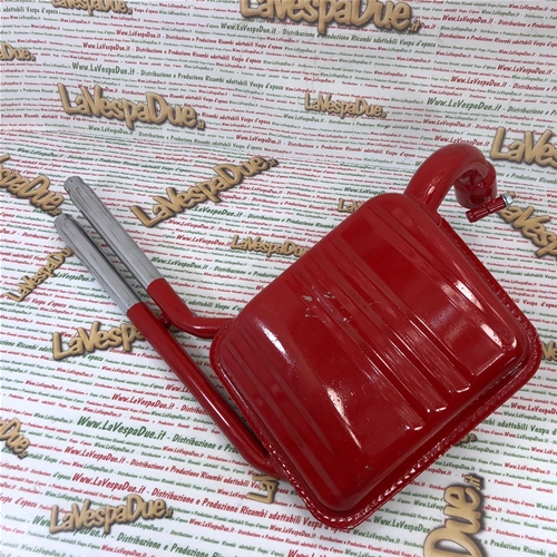 Pot d'échappement rouge Abarth avec IGM 0112S, produit italien pour Vespa 125/150 Super Sprint, roues de 8 pouces, double sortie chromée.