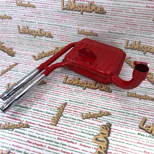 Pot d'échappement rouge Abarth avec IGM 0112S, produit italien pour Vespa 125/150 Super Sprint, roues de 8 pouces, double sortie chromée.