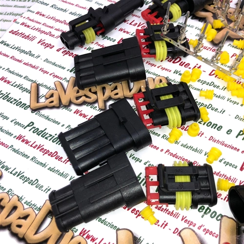 Jeu de 9 connecteurs électriques SUPERSEAL à 2, 3 et 4 broches, avec connecteurs et caoutchoucs, pour diverses applications et modifications du système électrique des VESPA APE et LAMBRETTA.