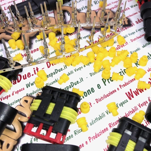 Jeu de 9 connecteurs électriques SUPERSEAL à 2, 3 et 4 broches, avec connecteurs et caoutchoucs, pour diverses applications et modifications du système électrique des VESPA APE et LAMBRETTA.