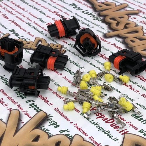 Juego de 3 soportes para conectores eléctricos BOSCH, completos con conectores y gomas para modificaciones de sistemas eléctricos en VESPA, APE y LAMBRETTA, para diversas aplicaciones.