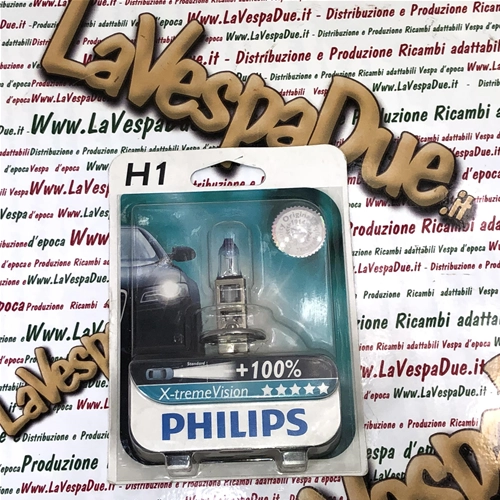 Bombilla halógena PHILIPS H1 X-TREME VISION de 12 voltios y 55 vatios con cristal de cuarzo, casquillo P 14.5 S. Ref. Philips: 12258BVUB1 FARO DELANTERO